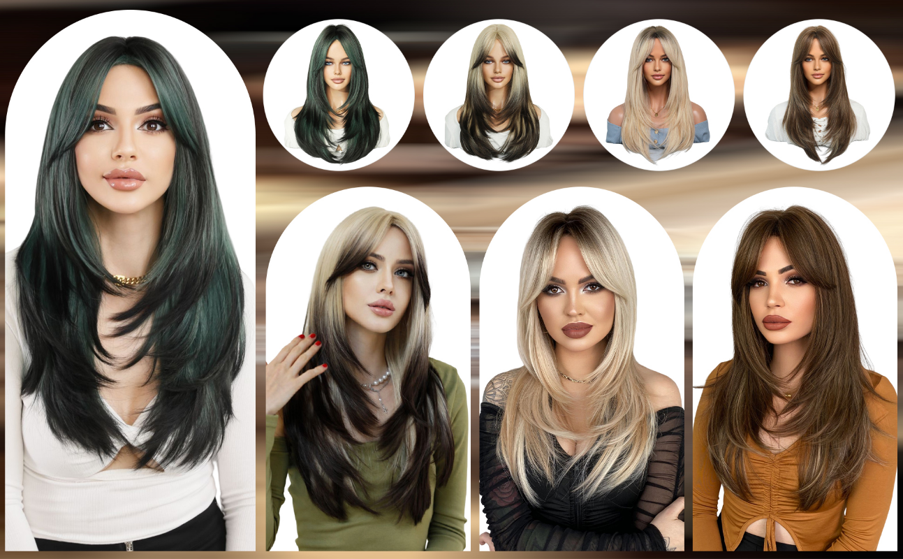 Long Straight Wigs with Curtain Bangs Ombre Blonde Layered Wig