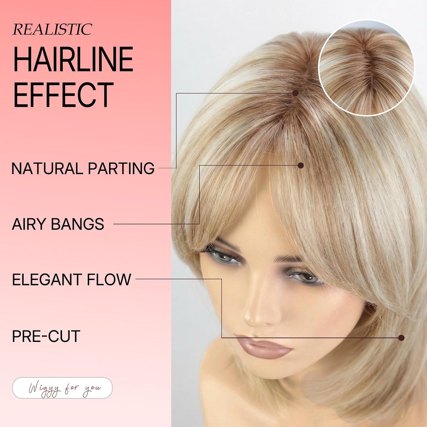 Lenora -WIGYY Mono Top Lace Front Wig for White Women – 13 Inch Blonde Highlights Shoulder Length Synthetic Wig, Natural Look Protein Fiber Hair, Glueless Lightweight Daily Wig