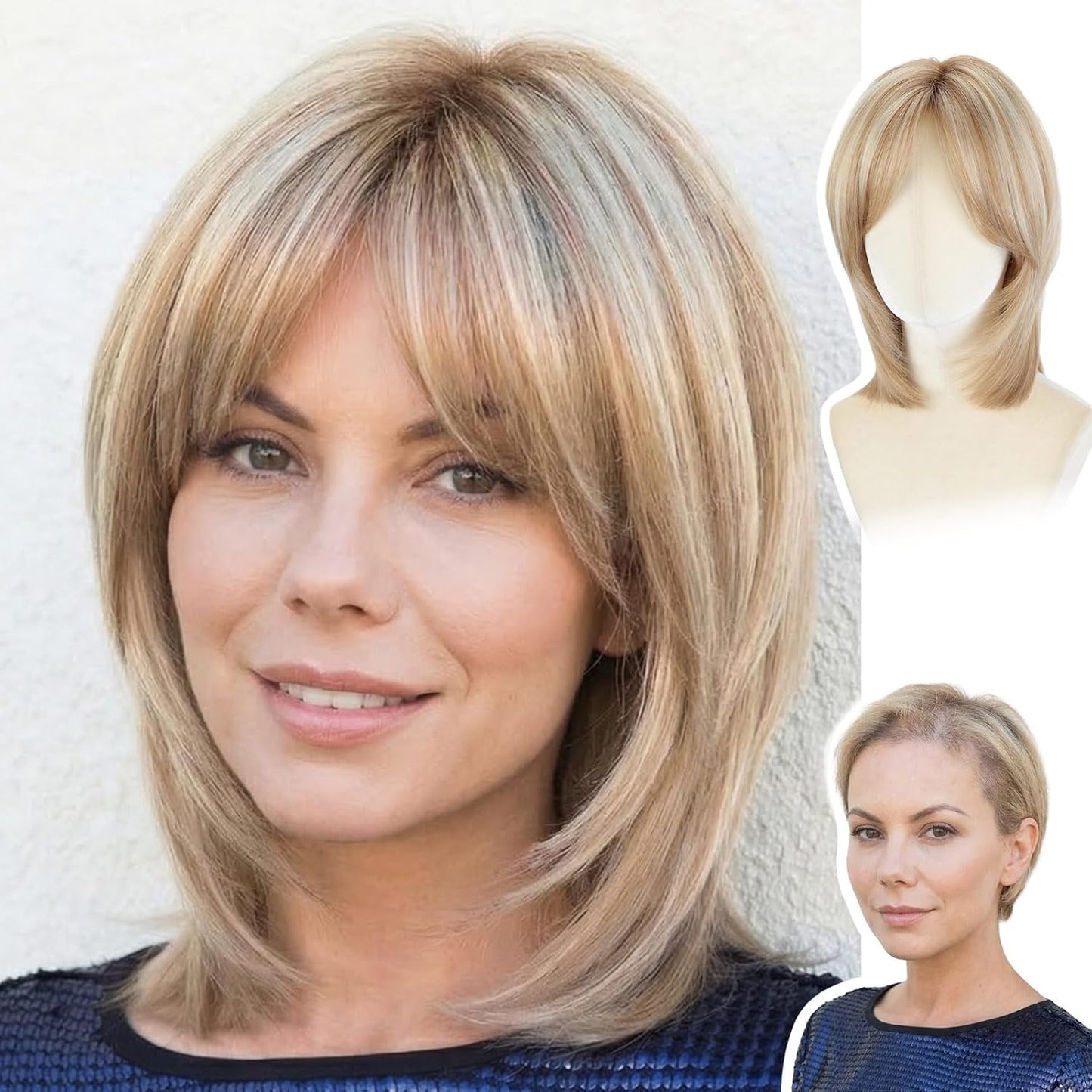 Lenora -WIGYY Mono Top Lace Front Wig for White Women – 13 Inch Blonde Highlights Shoulder Length Synthetic Wig, Natural Look Protein Fiber Hair, Glueless Lightweight Daily Wig