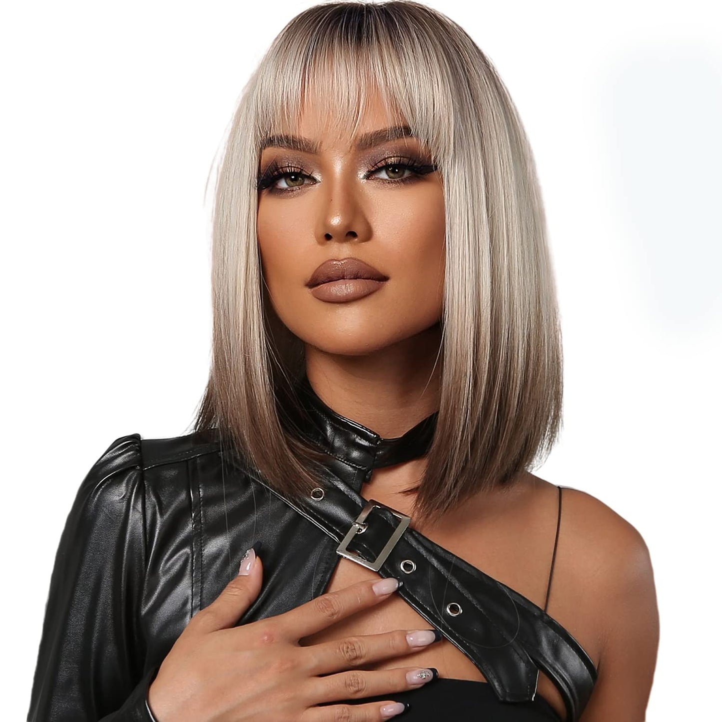 Ombre Blonde to Brown Hair Wig Dark Roots Shoulder Length Straight Natural Wig, 14 Inch