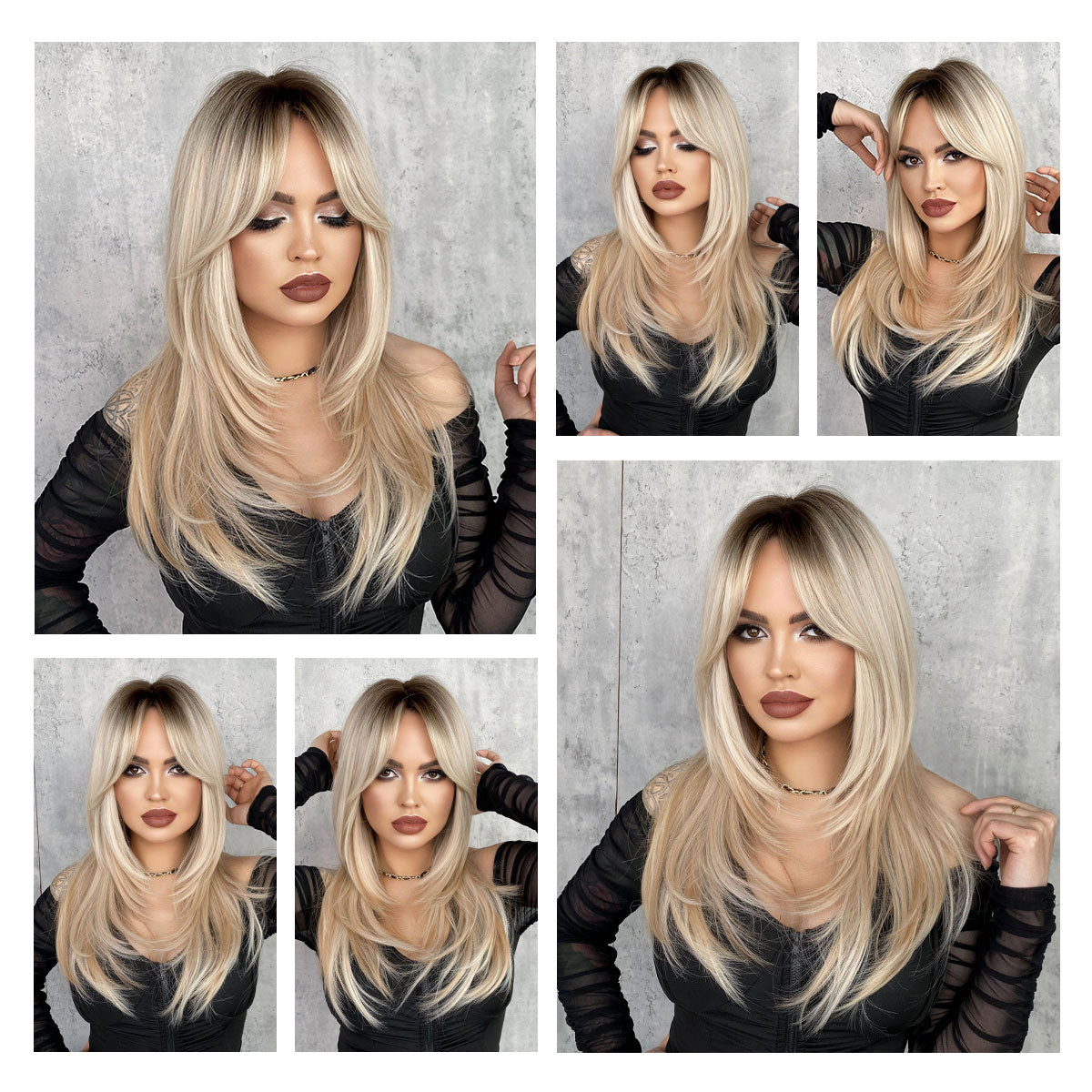Long Straight Wigs with Curtain Bangs Ombre Blonde Layered Wig