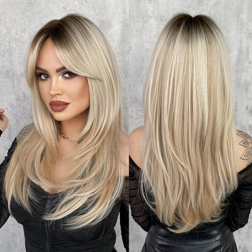 Long Straight Wigs with Curtain Bangs Ombre Blonde Layered Wig