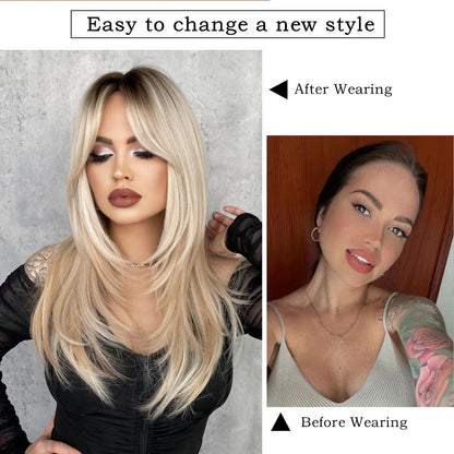 Long Straight Wigs with Curtain Bangs Ombre Blonde Layered Wig