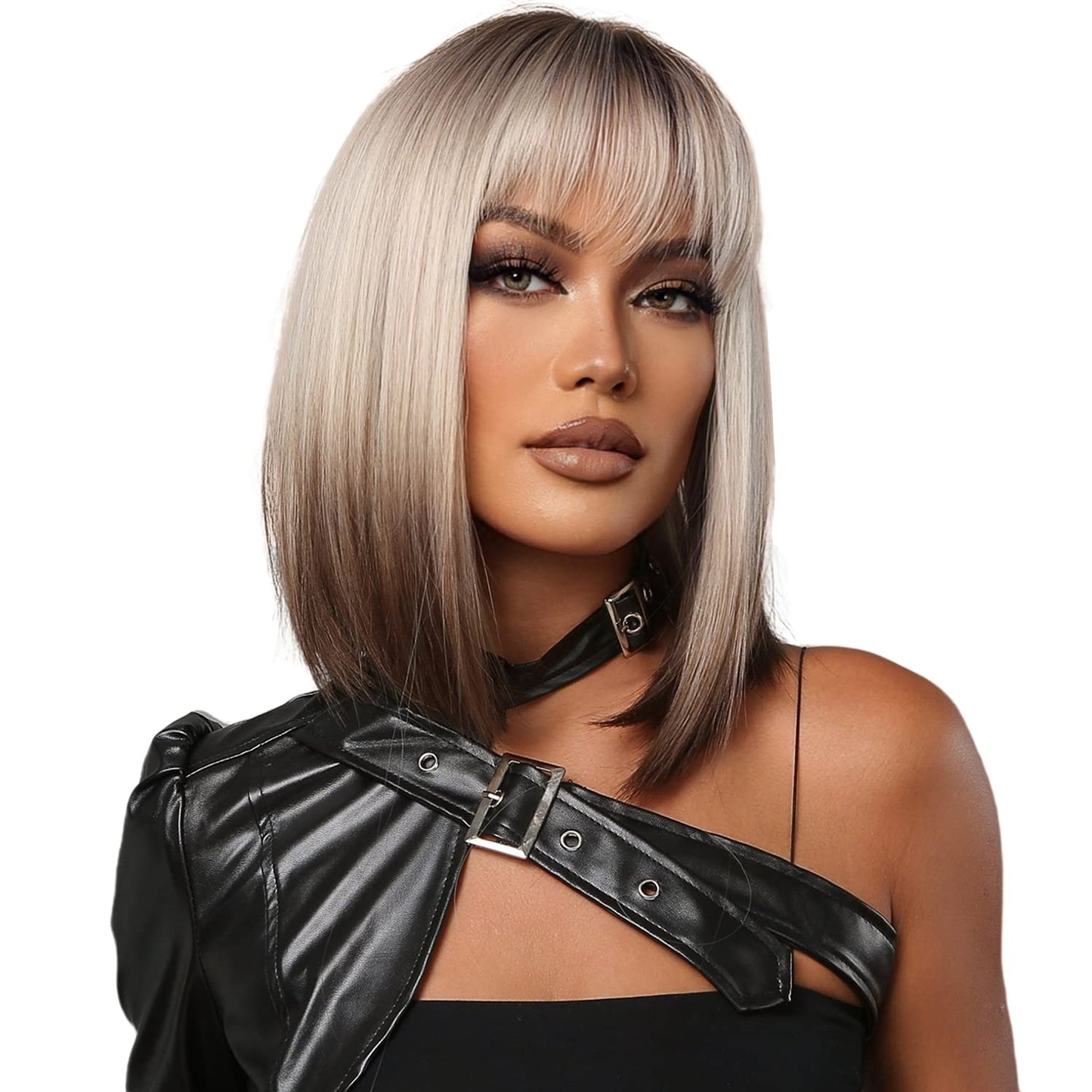 Ombre Blonde to Brown Hair Wig Dark Roots Shoulder Length Straight Natural Wig, 14 Inch