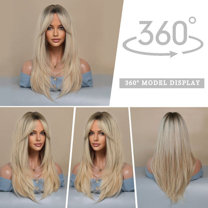 Long Straight Wigs with Curtain Bangs Ombre Blonde Layered Wig